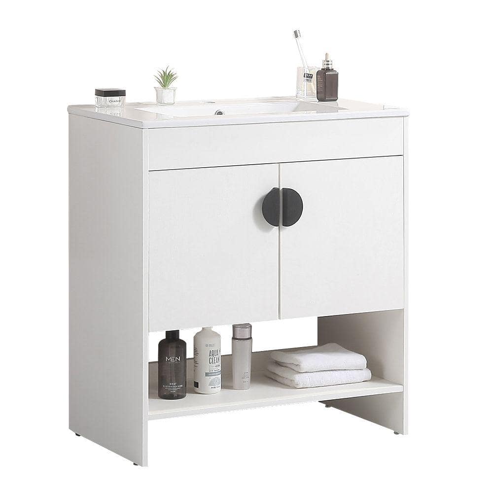 29.9 in. W x 18.3 in. D x 32.6 in. H Single Sink Freestanding Bath Vanity in White with White Ceramic Top and Cabinet price history on PriceWatchPro