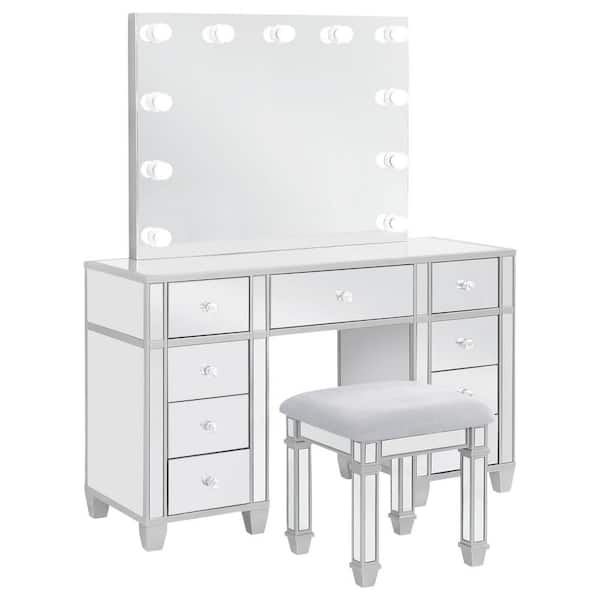 Allora 3-Piece Metallic and Gray 9-Drawers Mirrored Storage Makeup Vanity Set with Hollywood Lighting