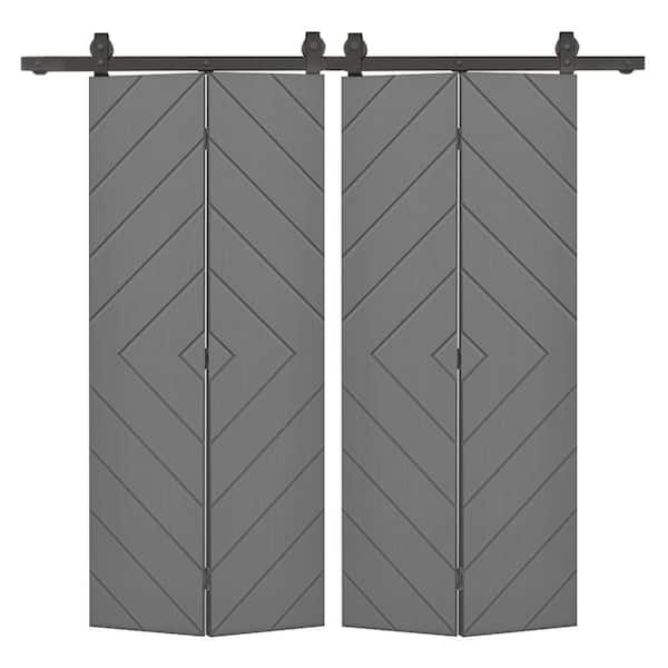 Diamond 52 in. x 80 in. Light Gray Painted MDF Modern Bi-Fold Double Barn Door with Sliding Hardware Kit