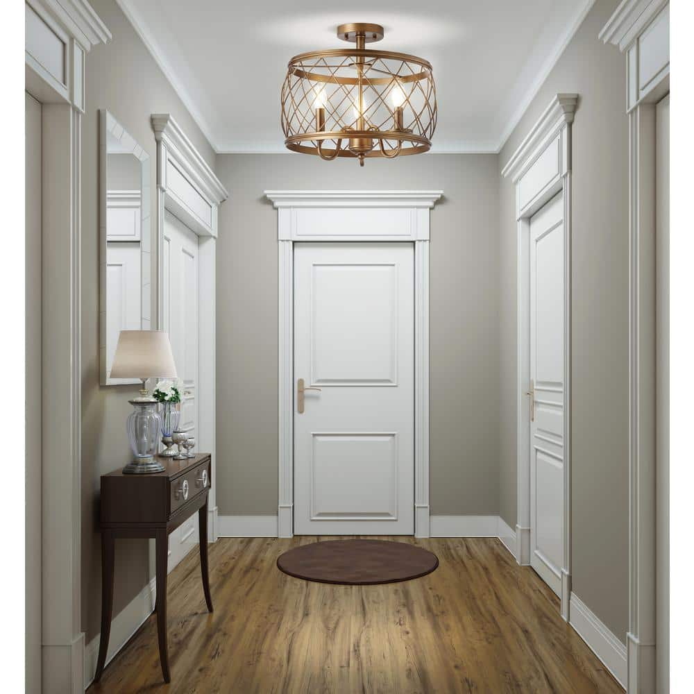 Antiqued Gold 15" Metal Drum LED Flush Mount Light