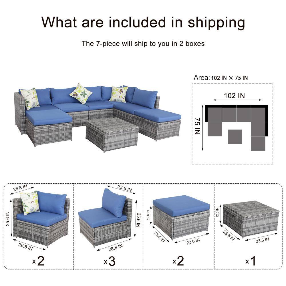 Uixe Gray 7-Seater Wicker Outdoor Rattan Sectional Sofa Set with Blue Cushions - 3