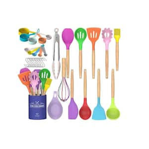 Aoibox 14-Piece Silicon Cooking Utensils Set with Wooden Handles and Holder for Non-Stick Cookware, White