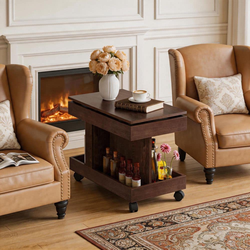 Walnut brown coffee table near a fireplace and leather chair.