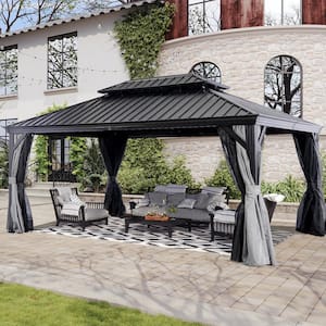 12 ft. x 16 ft. Grey Aluminum Hardtop Gazebo Galvanized Steel Roof with Curtain and Mosquito Net