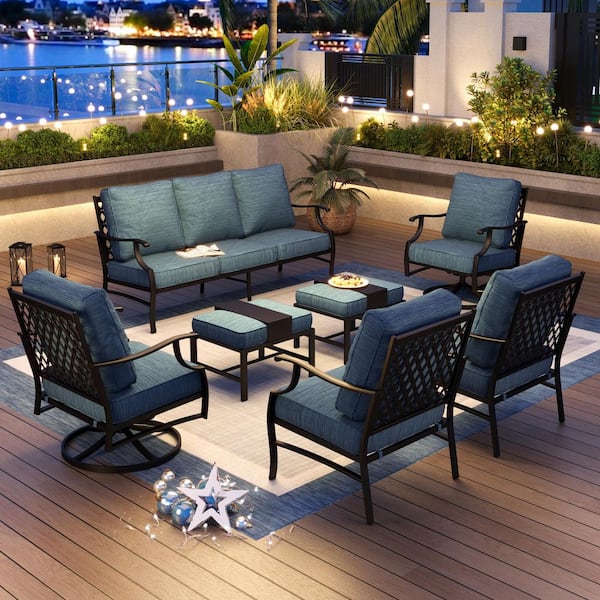 PHI VILLA Black Meshed 9-Seat 7-Piece Metal Outdoor Patio Conversation Set with Peacock Blue Cushions 2 Swivel Chairs 2 Ottomans
