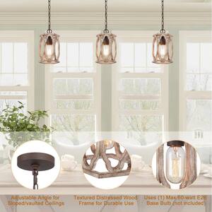 Wood Lantern Pendant Light, 1-Light Brown Farmhouse Caged Chandelier Drum Rustic Cylinder Island Pendant Light