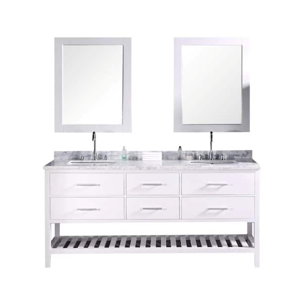 Design Element London 72 in W x 22 in D Vanity in Pearl White with Marble Vanity Top and Mirror in Carrara White