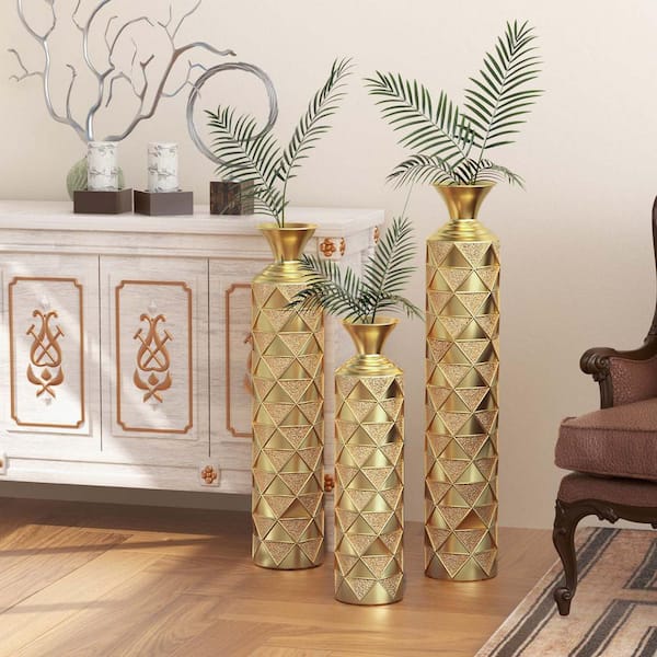 Unbranded 25 in. 29.5 in. 33.5 in. H Antique Gold Large Cylinder Floor Vases Gorgeous Decoration Glazed Metal Vases (Set of 3)
