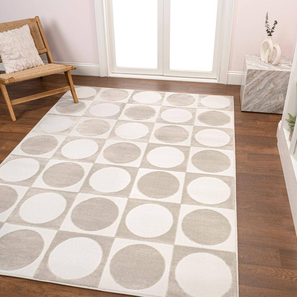 High Low Rug JONATHAN Y Helena Modern Geometric Circles In Squares High-Low Beige ...