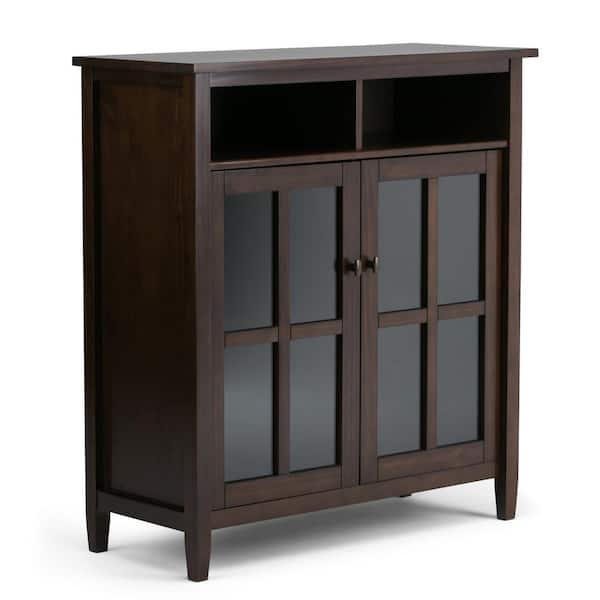 Simpli Home Warm Shaker Solid Wood 39 in. Wide Transitional Medium Storage Media Cabinet in Tobacco Brown
