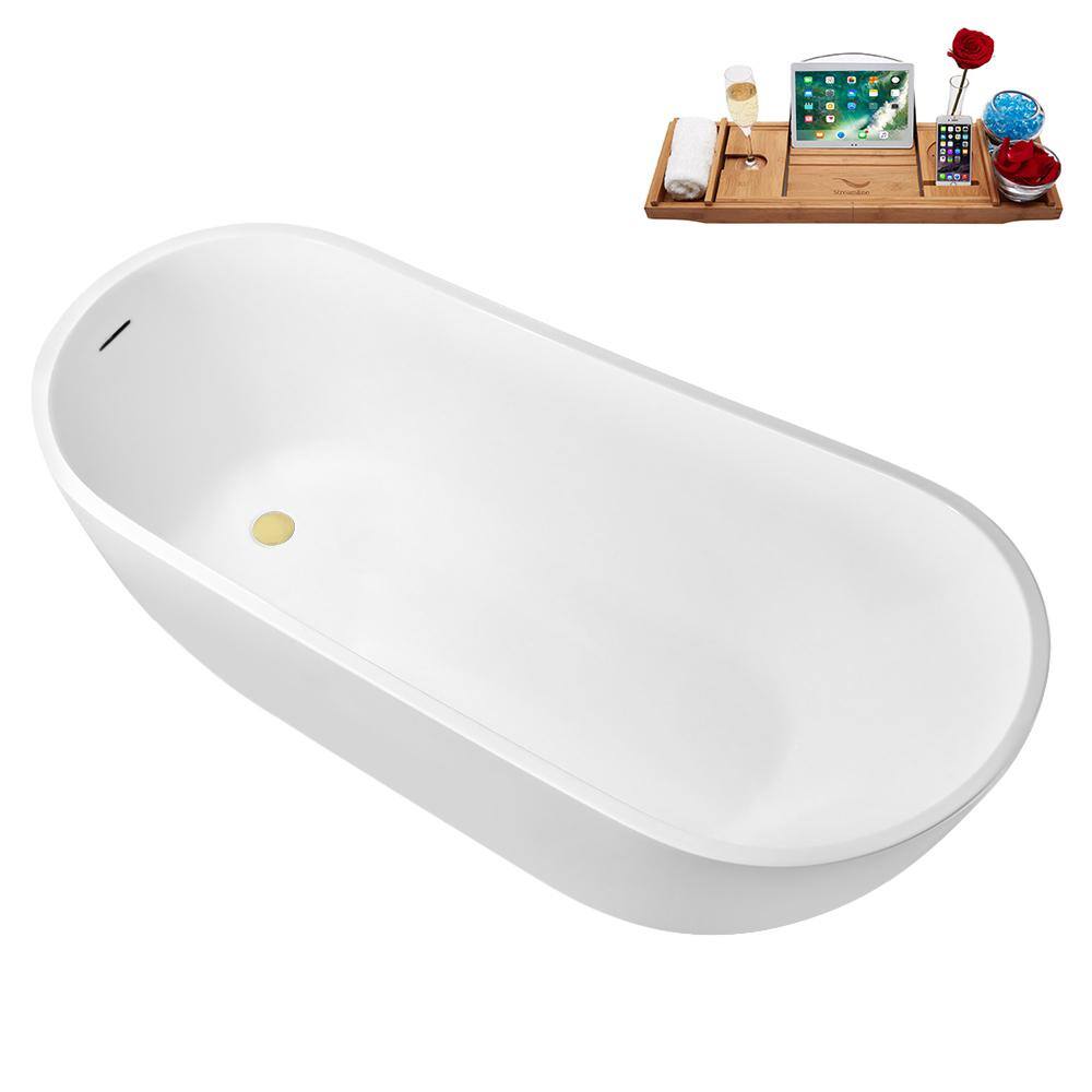 67" Glossy White Acrylic Freestanding Soaking Tub with Polished Brass Drain and Bamboo Tray