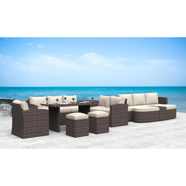 DIRECT WICKER Molli Brown Wicker 11-Piece Wicker Outdoor Conversational Set with Beige Cushions