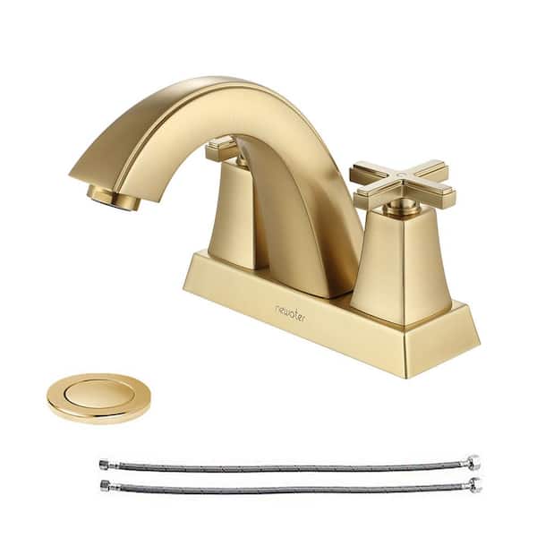 cadeninc 4 in. Centerset Double Handle Hi-Arc Bathroom Faucet with Pop Up Drain in Brushed Gold