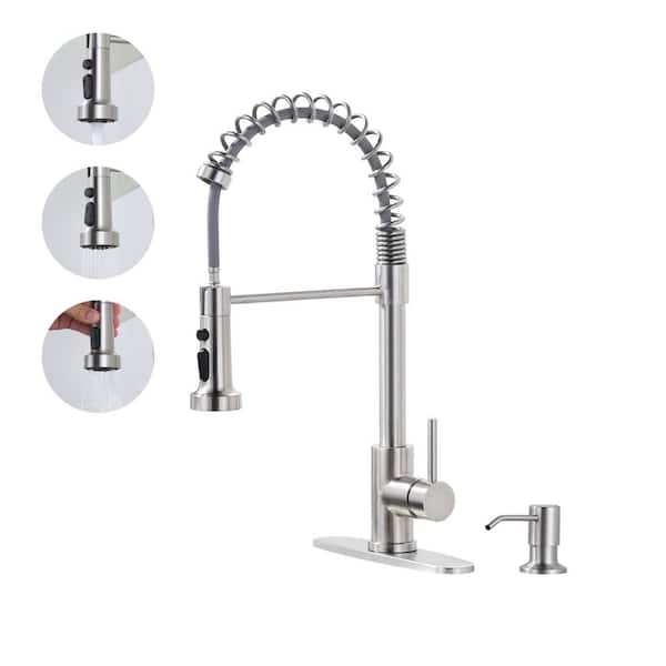 WOWOW Single Handle Pull Down Sprayer Kitchen Faucet with Soap Dispenser, Pull Out Spray Wand in Brushed Nickel