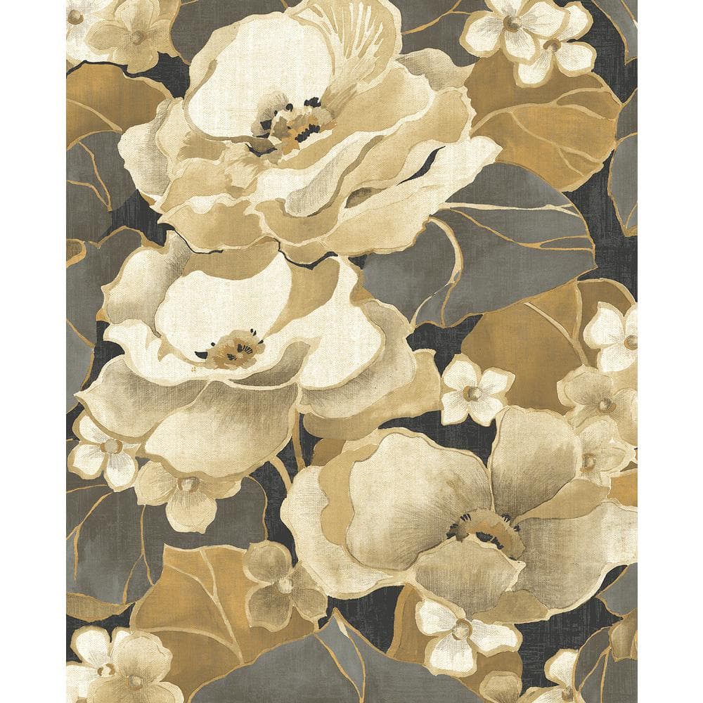 Ebony and Antique Gold Floral Peel and Stick Wallpaper