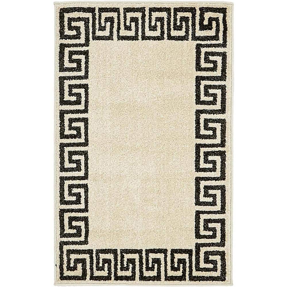 Athens Beige and Black Geometric Border Rectangular Rug