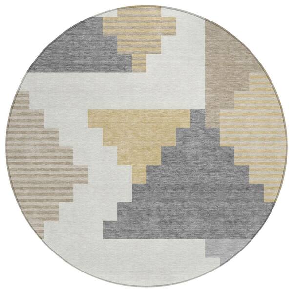 Chantille Machine Washable Indoor/Outdoor Abstract ACN2847 Ivory 8 ft. x 8 ft. Round Rug