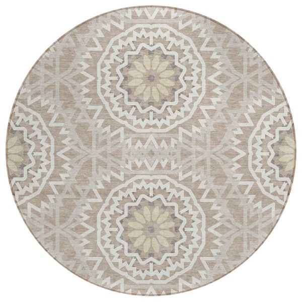 Taupe, Khaki, Ivory 8 ft. Round Woven Floral, Medallion Polyester Round Indoor/Outdoor Area Rug