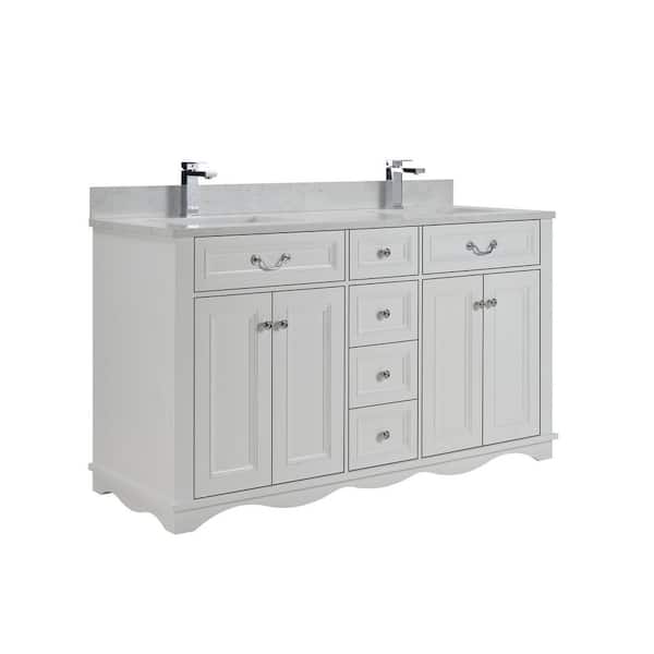 French Contemporary Series 60 in. Freestanding White Bath Vanity with White Artificial Stone Top Assembled Bath Vanity