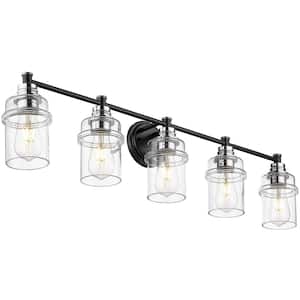 39 in. 5 Light Chrome and Black Vanity Light with Clear Glass Shade For Bathroom