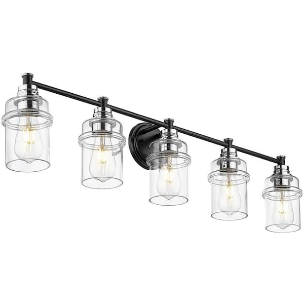 ZACHVO 39 in. 5 Light Chrome and Black Vanity Light with Clear Glass ...