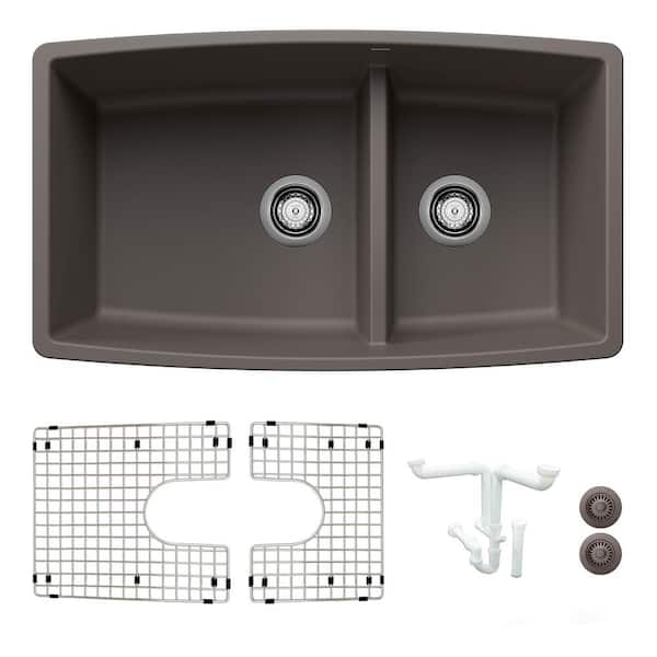 Blanco Performa 33 in. Undermount Double Bowl Volcano Gray Granite Composite Kitchen Sink Kit with Accessories