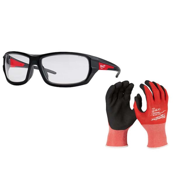 Milwaukee Performance Safety Glasses with Clear Fog-Free Lenses with Small Red Level 1 Cut Resistant Nitrile Gloves
