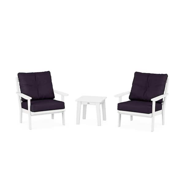 POLYWOOD Mission 3-Pcs Plastic Patio Conversation Set in White/Navy Linen Cushions
