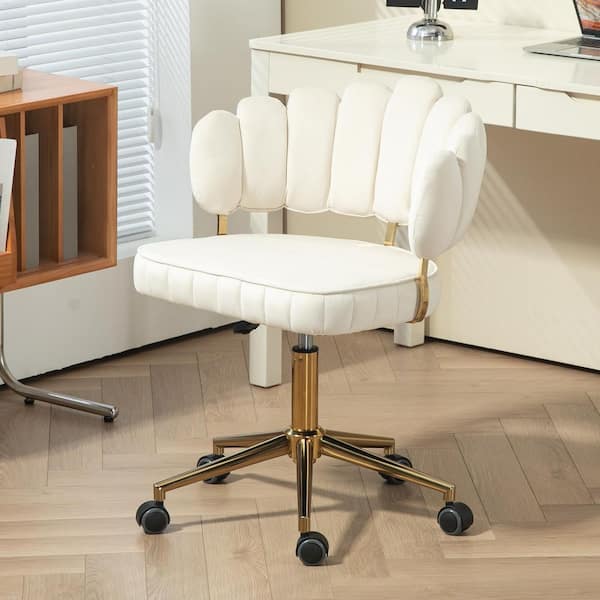 Modern Velvet Swivel Home Office Ergonomic Desk Chair in Beige with Arms and Gold Base