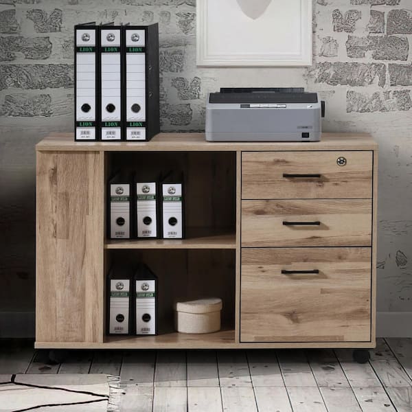 AndMakers 3-Drawer Oak Wood 39.37 in. W Lateral File Cabinet