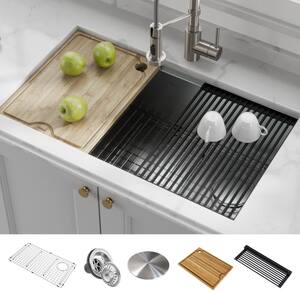 Kore Workstation Undermount Stainless Steel 32 in. Single Bowl Kitchen Sink w/Integrated Ledge and Accessories