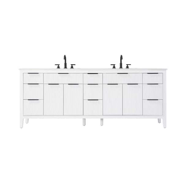 84 in. Double Sink Freestanding White Bath Vanity with Marble White Engineered Marble Top
