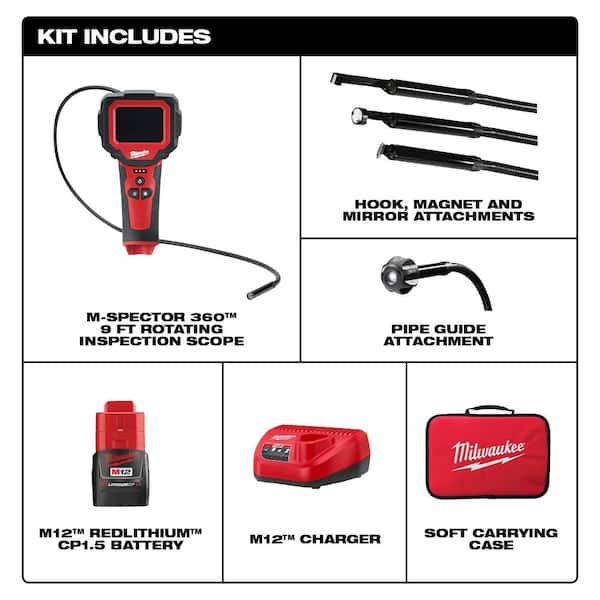 Milwaukee M12 12-Volt Lithium-Ion Cordless M-Spector 360-Degree Inspection  Camera Cable Kit W/ One Battery Hard Case 2314-21 The Home Depot 