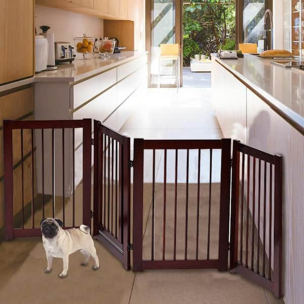 30 in. H Wood Gate Configurable Folding Freestanding 4 Panel Wood Dog Fence Pet Gate with Walk Through Door