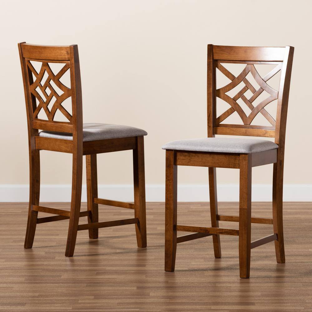 Nicolette Grey Fabric and Walnut Wood Counter Stools, Set of 2