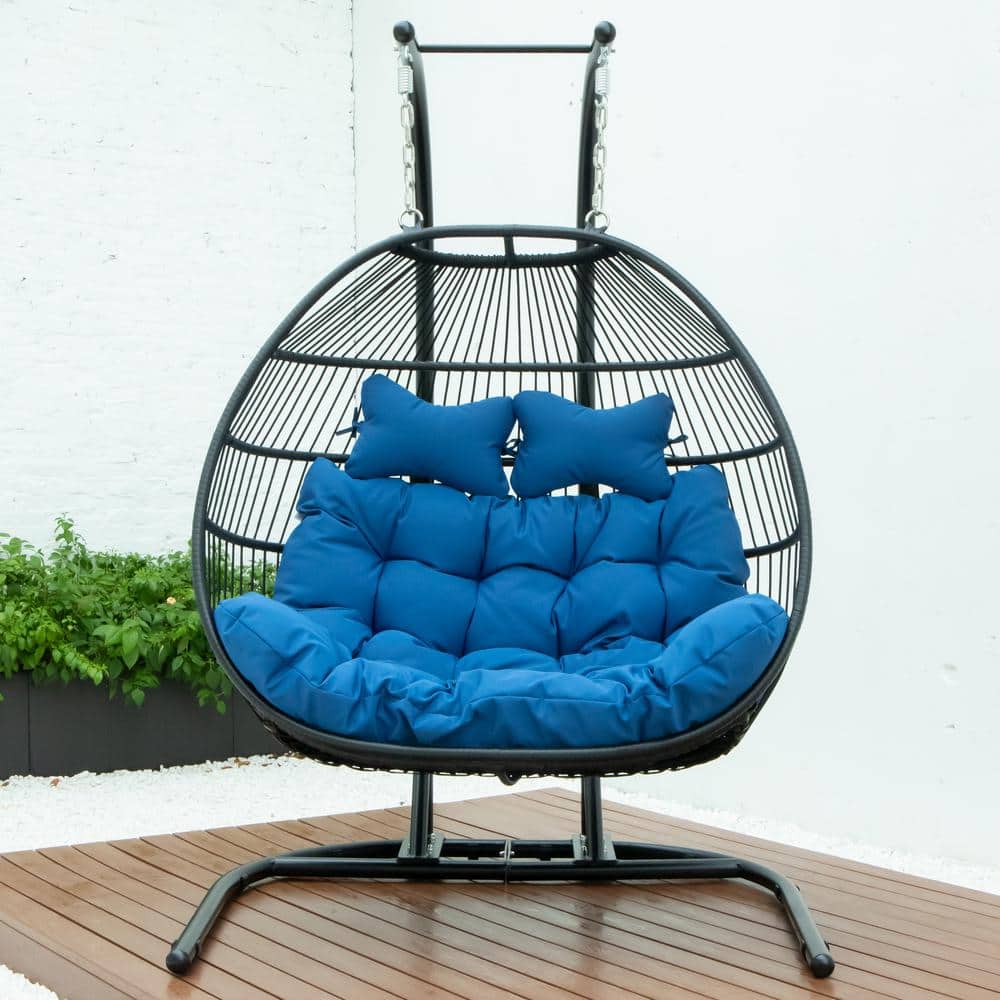 Blue Wicker Double Hanging Egg Chair with Cushions