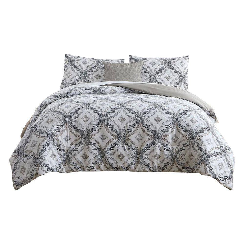 Benjara Owen 8 Piece White and Gray Quatrefoil Print Microfiber Queen
