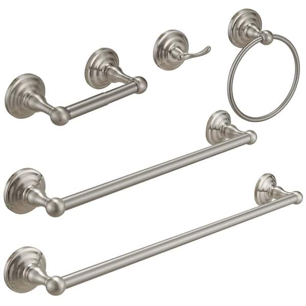 5-Piece Bath Hardware with Towel Bar Towel Hook Toilet Paper Holder and Towel Ring Set in Brushed Nickel