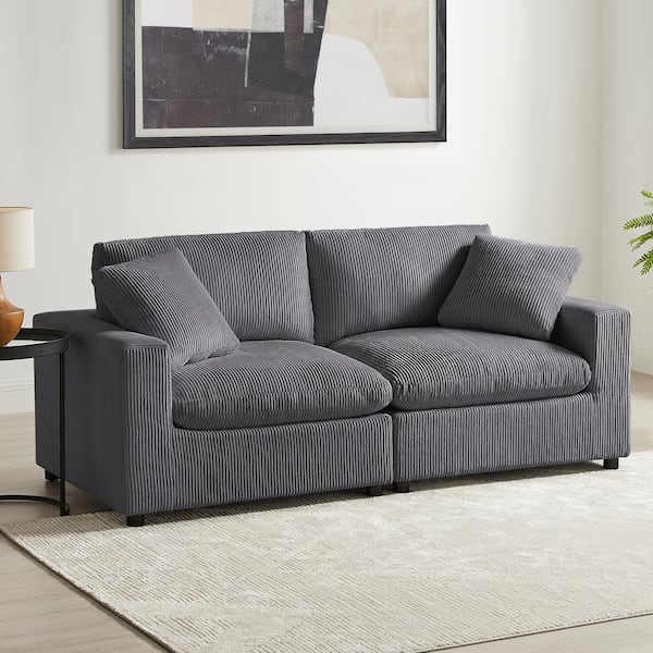 Unbranded Casella 80 in. Square Arm Corduroy Fabric Rectangle Down Cushion 2-Piece Sofa in Charcoal