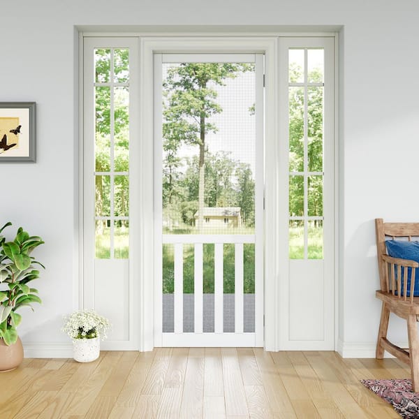 30 in. x 80 in. Universal Primed White 5-Bar Railing Style Pine Wood and Gauze Mesh Hinged Screen Door for Front Door