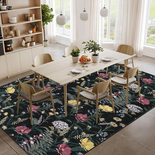 Black 6 ft. x 9 ft. Non-Slip Border Print Rug Machine Washable Ultra Thin Soft for Bedroom Dining Room Office
