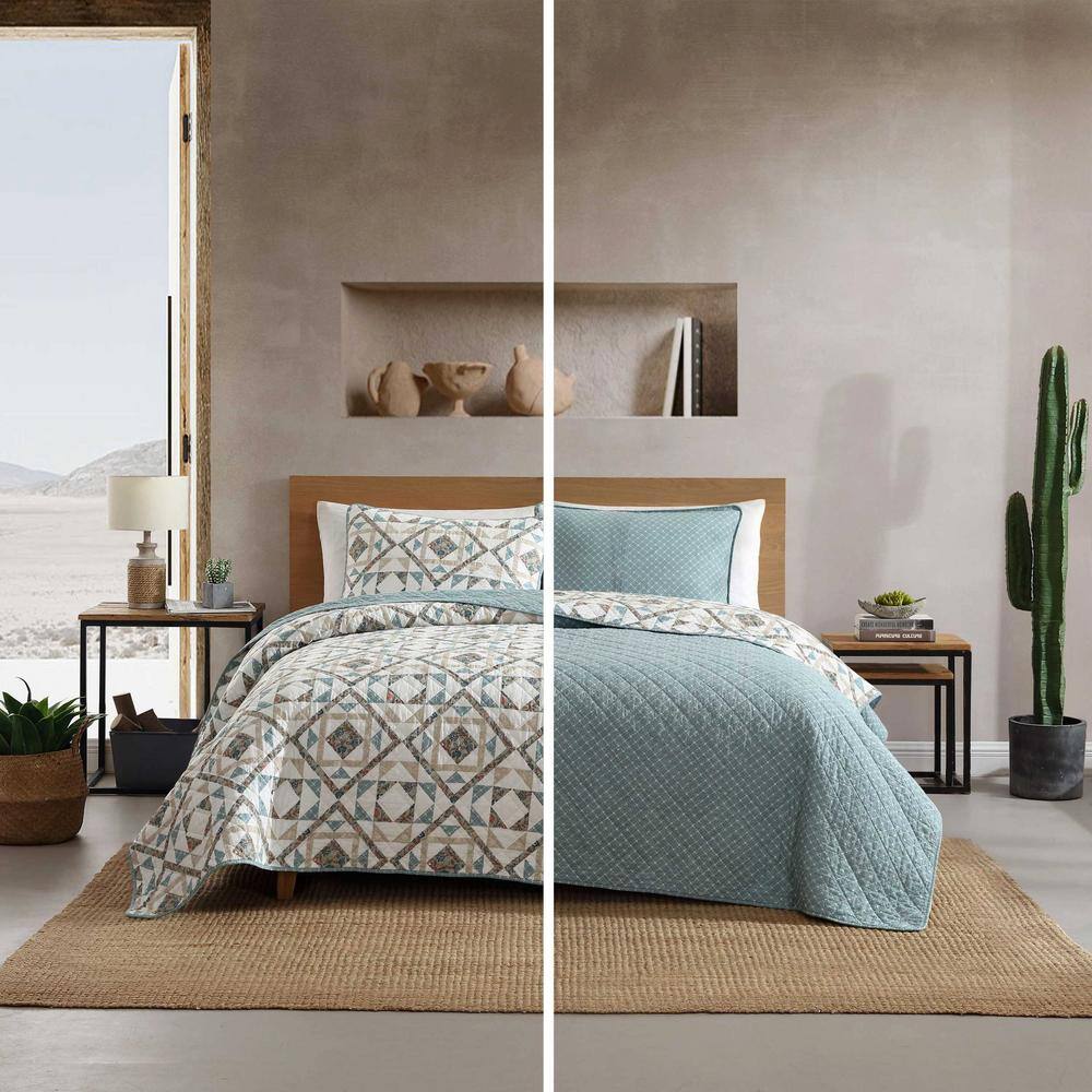 Annie Blue and Beige Cotton Twin Reversible Quilt Set