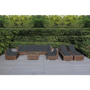 Mixed Brown 9-Piece Wicker Patio Combo Conversation Set with Supercrylic Gray Cushions