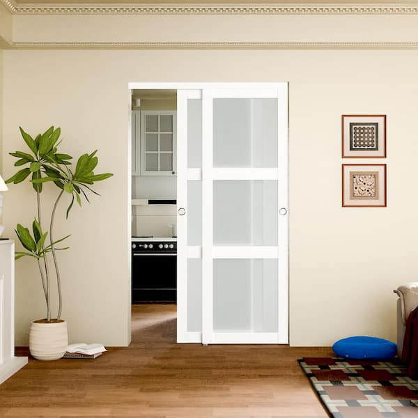 48 in. x 80 in. MDF White 3 Lite Frosted Glass Sliding Door with Handle Pre-Drilled Door Panel Need to Assemble