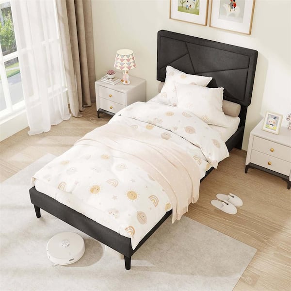 Gray MDF Frame Twin Size Platform Bed with High Headboard & Wooden Slats No Box Spring Needed