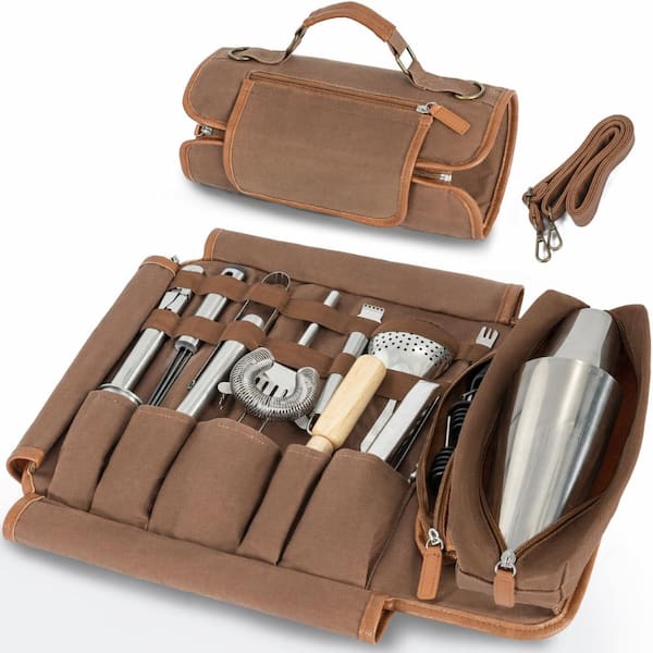 22-Piece Professional Bartender Kit with Roll-Up Waxed Canvas Carrying Bag, Stainless Steel Bar Tool