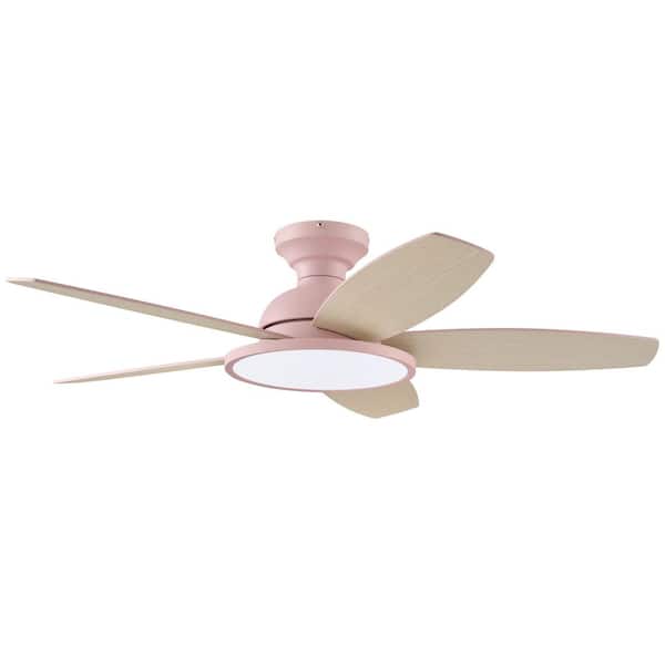 42 in. Modern Pastel Pink Light Oak Low Profile Flush Mount Standard Ceiling Fan with Integrated LED Light and Remote