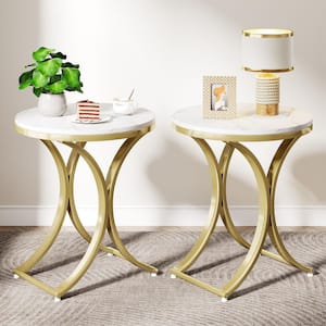 Kerlin 19.69 in. White and Gold Wood End Table Set of 2, Round Coffee Table C-Table with Faux Marble Veneer