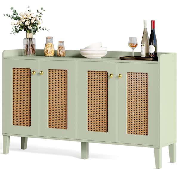 BYBLIGHT Ahlivia Green Wood 59 in. Rattan Sideboard Buffet Cabinet with Storage Shelves and 4 Doors for Dining Room, Kitchen