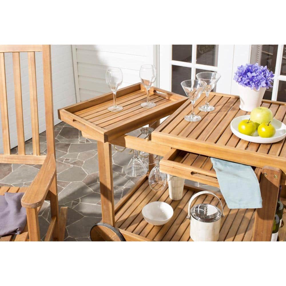 Transitional Acacia Wood Serving Cart with Wine Rack and Storage